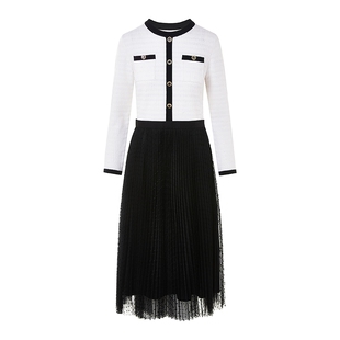 朗姿/LIME莱茵小香风撞色珠片羊毛花纱拼接网纱连衣裙26年春新款