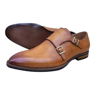 美线外贸男鞋尖头硬底搭扣英伦乐福鞋商务休闲孟克皮鞋真皮大码