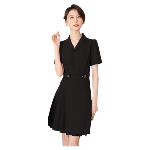 诗璐雅黑色高级感收腰连衣裙新款法式百褶拼接白领通勤女装裙子夏