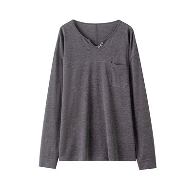捌梁亚麻V领薄透长袖T恤