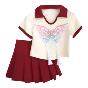 女童套装夏装2025新款儿童中国风新中式重工刺绣上衣百褶裙两件套