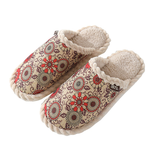 回力民族风棉拖鞋老人爸妈2025室内家居棉鞋防滑保暖毛绒拖鞋HL17
