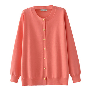 针织女开衫薄款外套秋季新款纯色金属扣圆领毛衣大码显瘦长袖上衣