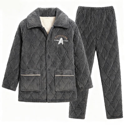 睡衣男款三层夹棉加绒加厚