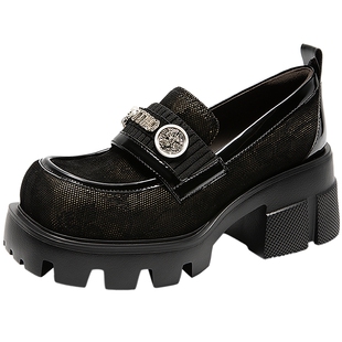 MIO米奥乐福鞋春夏款厚底增高英伦风黑色方头小皮鞋新中式女鞋