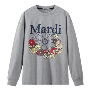 MARDI小雏菊花丛长袖T恤女灰色圆领上衣植物时尚少女休闲风刺绣