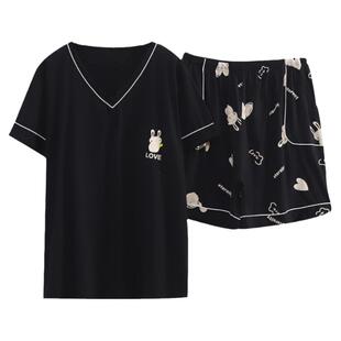 夏季纯棉大码睡衣女200斤胖mm宽松V领短袖短裤家居服套装加肥加大