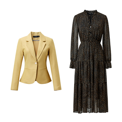 颜域黄色西装外套波点连衣裙套装