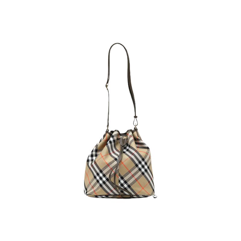 【自营】BURBERRY/博柏利女士SS25皮革饰边格纹棉质抽绳水桶背包