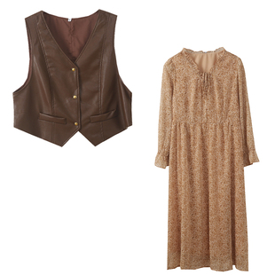 2026春款胖莹莹大码女装慵懒老钱风复古美拉德碎花连衣裙马甲套装