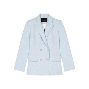 Maje2025春夏女装休闲通勤天蓝色双排扣气质修身版挺阔西装外套