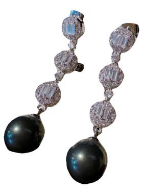 古巴比伦钢琴黑小猫宝石戒指 深海贝珠 梯方圆锆石黑珍珠 耳环