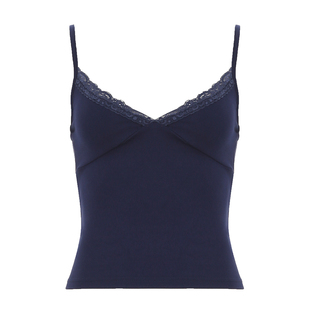 H家欧美女装 美式bm简约蕾丝花边V领吊带 纯色基础修身外穿短上衣