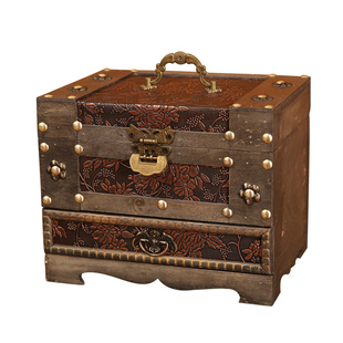 中式复古风梳妆盒桌面仿古多层收纳盒结婚首饰品储物盒带锁木箱子