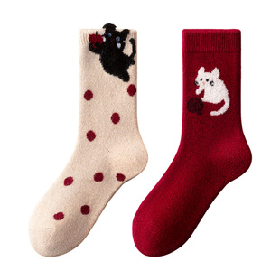 本命年羊毛红袜子礼盒女士新年礼物秋冬季加厚保暖马年红运中筒袜