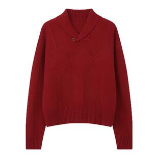 solighter 100%羊毛青果领绞花套头毛衣女冬季2026新款宽松上衣