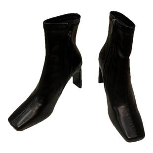 韩版马丁靴中筒瘦瘦靴女2025款方头粗高跟女靴小踝靴侧拉链小短靴