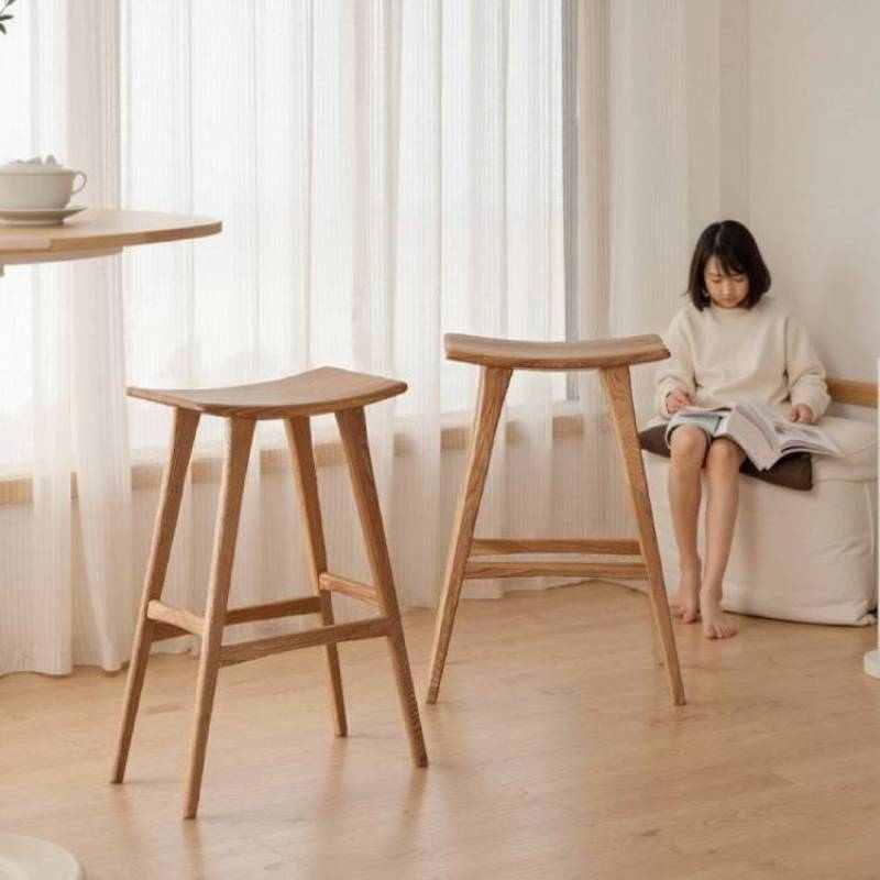 日式实木吧台椅家用高脚凳吧凳餐厅咖啡厅实木吧台凳马鞍凳实木