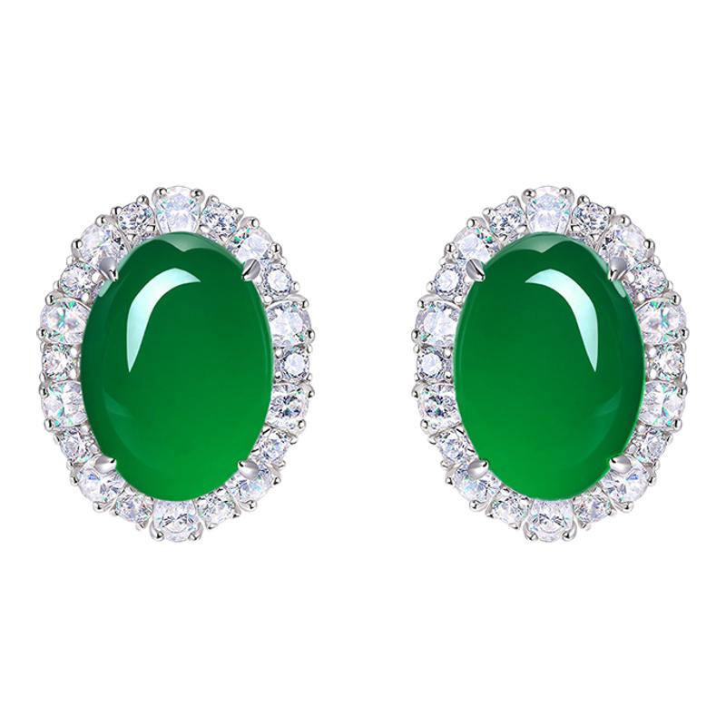 AILEQ 925银镶天然玉髓玛瑙巨无霸大鸽子蛋面女主耳钉气质耳饰K10