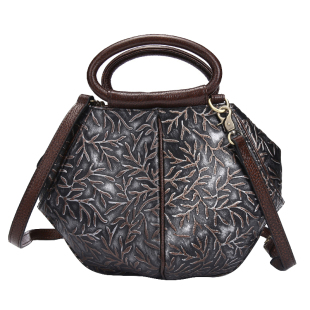 时尚复古手提包休闲小包包真皮女包头层牛皮单肩斜挎包压花贝壳包