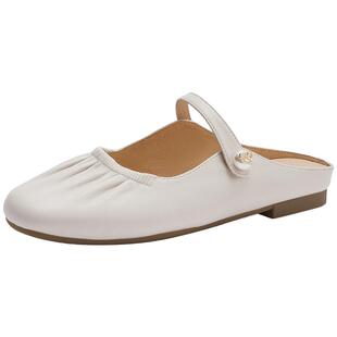 热风纯色浅口单鞋女鞋2025年夏季新款平底舒适穆勒鞋套脚小皮鞋