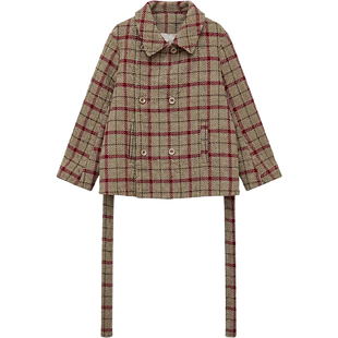 【年终清仓】DM100大码女红咖色格纹正肩长短小香风编织毛呢外套