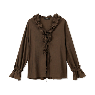 SUK 浮光掠影！法式V领荷叶边小衫女系带长袖上衣外搭春季新款