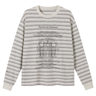 PSO Brand男装女装美式复古标语圆领长袖t恤女休闲条纹上衣潮牌