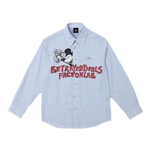 【梓渝同款】FACEON LAB 米奇图案美式复古条纹男女长袖衬衫