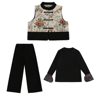 女大童新中式马甲织金套装春秋2026女童国风盘扣花卉三件套阔腿裤