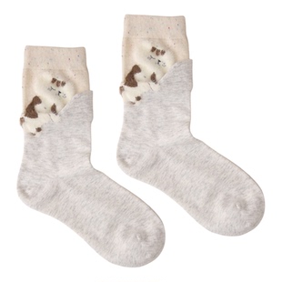 不会丢的袜子 植绒卡通中筒袜女春秋ins纯棉2025新款可爱小猫长袜