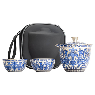 青花玄鸟快客杯瓷胎包银高档旅行茶具套装便携式户外露营一壶二杯