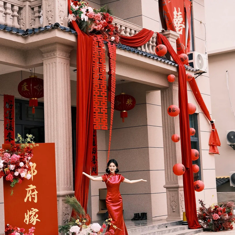 农村结婚院子装饰庭院布置别墅单元门订婚婚礼长条喜字拉花灯笼