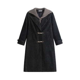 【25年冬】UNIFREEPLUS大码格雷系假两件连帽毛呢大衣长款外套