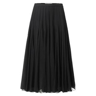 VGRASS维格娜丝秋季100桑蚕丝简洁立体A字褶裥显瘦黑色百搭半裙女