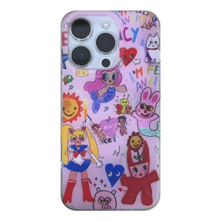 由里公园ins张婧仪同款少女可爱涂鸦插画适用17pro苹果17ProMax手机壳iPhone16全包17新款14Promax保护套15软