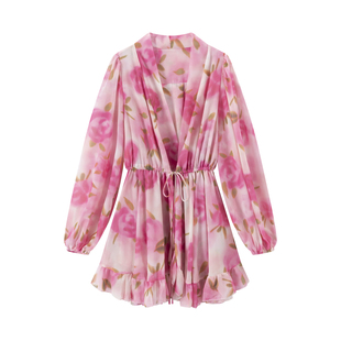 旅游度假风春夏季长袖v领泡泡袖雪纺粉色碎花连衣裙收腰仙女短裙