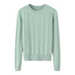 阿绒源100山羊绒绞花女套衫圆领绿色针织衫修身显瘦短款贴身毛衣