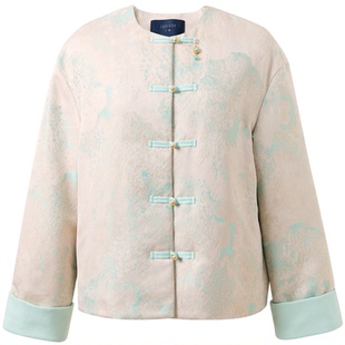 三彩【 扶光沧渊】2025冬季新款提花蓄热棉服圆领落肩袖棉衣外套C