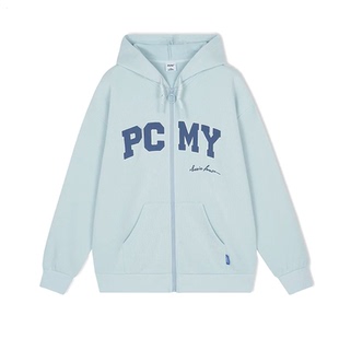 PCMY字母刺绣开衫拉链连帽卫衣男女情侣休闲宽松加绒口袋帽衫外套