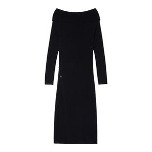 COVERINS【100%羊毛】时髦一字肩修身黑色针织连衣裙女长裙