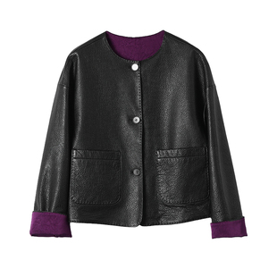 淘么淘 典藏之作 撞色双面穿荔枝纹山羊皮贵气紫真皮皮衣外套新款