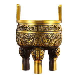 纯铜三足鼎摆件黄铜三足圆鼎复古直耳大克鼎家居办公室开业礼品