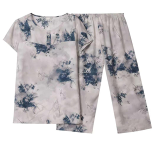 睡衣女夏季薄款绵绸套装冰丝中老年棉绸家居服人造棉短袖两件套装