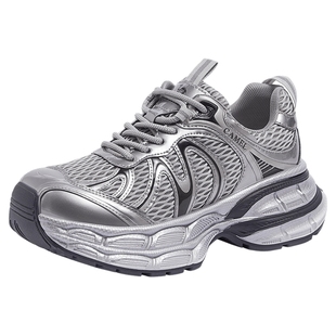 骆驼女鞋2025秋季新款银月2代时尚显高银色老爹鞋女款增高厚底女