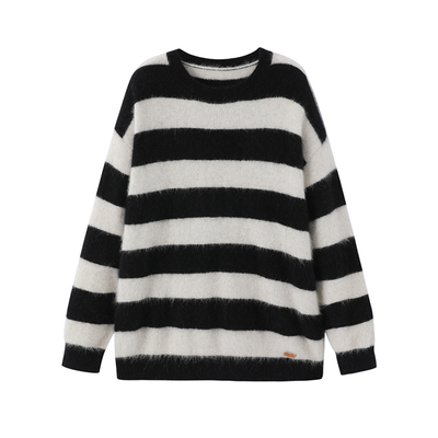 URLAZH有兰复古圆领条纹宽松毛衣