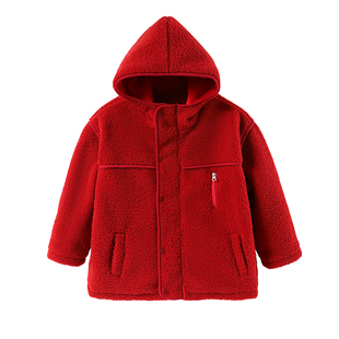 男童红色羊羔绒连帽外套冬季加绒加厚保暖休闲夹克