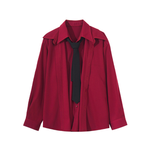 Hualun徐子未同款秋季真两件拼接衬衫男士长袖休闲上衣痞帅衬衣男