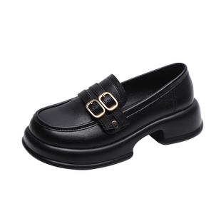 牛皮版~34码厚底高跟小皮鞋女款2025新款秋冬英伦风乐福加绒单鞋