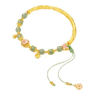 周大生和田玉桃花手镯纯银925中式绣球手串国风生日礼物送女友